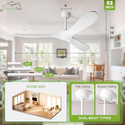 Image of 52 Inch Ceiling Fans with Lights and Remote, Wood Outdoor Ceiling Fan with 6 Speed Noiseless DC Motor, Indoor Modern 3 Blade Propeller Ceiling Fan for Bedroom Living Room Gazebo Patio (White)