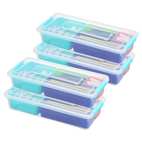 Image of 4 Pack Small Plastic Storage Organization Container with Dividers Removable Tray with Latch, Craft Storage Box, Snack Organizer is suitable for holding chocolates, cookies, paint brushes, puzzles