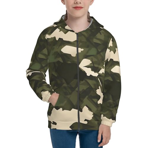 Army camouflage Print Girls Athletic Zip Up Hoodies,Sweatshirts with Pockets Long Sleeve Hooded Jackets, for 7-18 Y2