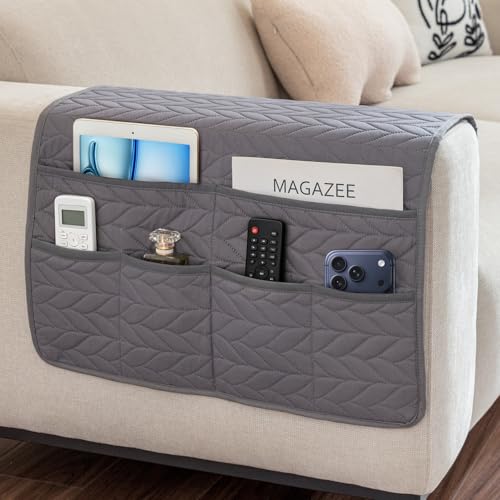 Remote Control Holder for Armchair Couch Caddy Organizer TV Remote Holder for Recliner Couch With 6 Pockets Non-Slip Arm Chair Caddy Bedside Table Organizer for Magazine Tablet Phone iPad (Grey)