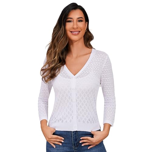 Women's Lightweight Crochet Cardigan 3/4 Sleeve Cropped V Neck Button Shrug Knit Sweater Tops2