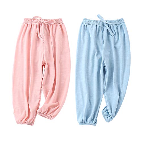 Bouclede Baby Girls Long Bloomers 2 Pack Soft Slub Cotton Harem Pants 12M-7T (Pink-Greyblue, 12-18 Months)