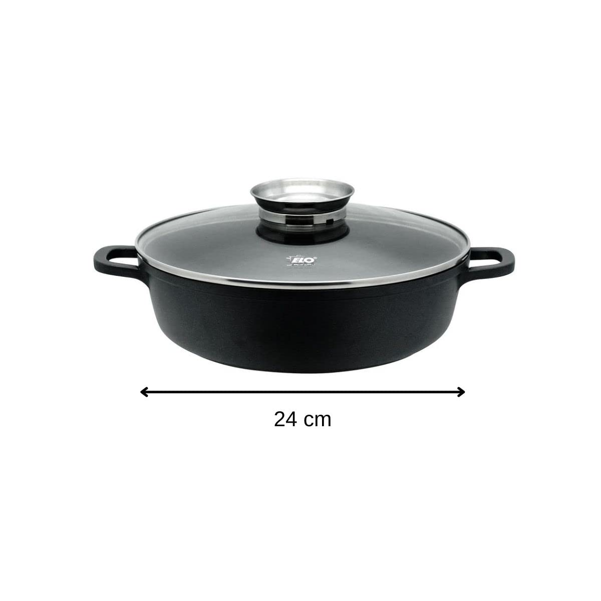 Elo 8667426 stoofpan 24 cm met deksel, kookstoofpan, sauteerpan 24 cm, inductiekookpan, braadpan, gegoten aluminium, glas, roestvrij staal, zwart, 24 cm
