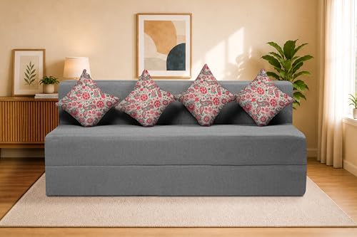 Image of Four Seater Sofa Cum Bed Jute Fabric 6 X 6 Ft| Space Saving Foldable Sofa Bed for Living Room & Guest Room | Comfortable Multi-Functional Furniture - Grey