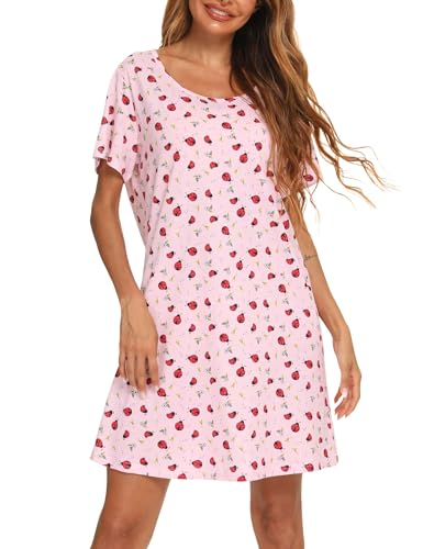 Image of ENJOYNIGHT Womens Cotton Nightgown Short Sleeve Sleepshirt Print Nightshirt | Short-Sleeve Crew Neck, Soft Cotton Fabric, Cartoon Printed Sleep Shirt, Loose Fit