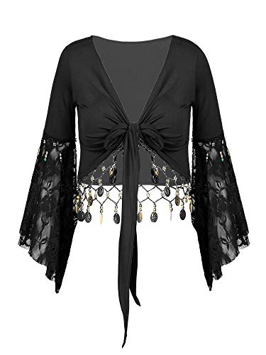 JanJean Women Shiny Bead Tassel Belly Dance Top Lace 3 4 Flared Sleeves Shawl Crop Tops Dancewear Black X-Large