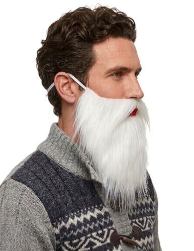Image of BookMyCostume White Fake Beard & Moustache Set for Teens & Adults | Sadhu & Old Man Costume Beard with Elastic String | Fancy Dress Prop for Acting, Stage Play, School Functions & Halloween