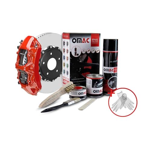 OMAC Bremssattellack Bremssattelfarbe Auto Lack Set | Bremsenreiniger und das Härtemittel Hitzebeständig Komplettsatz für 4 Bremssättel 7-teiliges Texas Rot (Glänzend)
