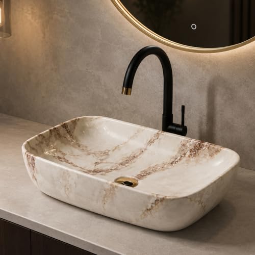 Image of Ceramic Tabletop Wash Basin - Glossy Rectangular Countertop Vessel Sink with Marble Finish for Bathroom & Vanity | Compact 18 x 13 x 5 Inch | Elegant Washbasin