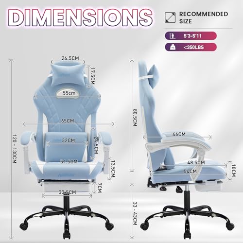 Image of Gaming Chair with Footrest and Massage Lumbar Support, Ergonomic Computer Gamer Chair, Office Video Game Chairs (Cyan White)