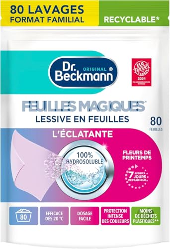 Dr. Beckmann - Lessive en feuilles L'ÉCLATANTE - Feuilles Magiques - Désinfectant Linge Format Pré-Dosé, Pratique et Léger - 100% Hydrosoluble - Produit Ménager Maison Facile à Utiliser - 80 Feuilles