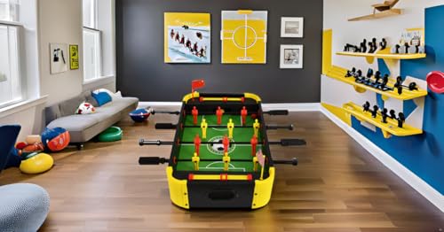 Image of Leosportz Foosball Table for Kids and Adults - Football Table Top Games | Mini Football Soccer Game | Indoor Games and Great Gift for Boys | 2 Handles and 6 Players Game (Black-Yellow, Medium)