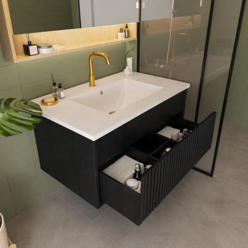 Image of 30 Inch Floating Bathroom Vanity with Ceramic Sink, Modern Striped Wall Mount Vanity Cabinet with Compartmentalized Storage Drawer, Black