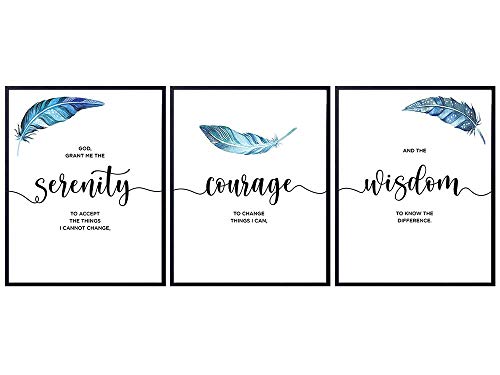 Alcoholics Anonymous Serenity Prayer Wall Decor - Twelve Steps and Twelve Traditions Wall Art - AA Anniversary Sobriety Gifts - 12 Steps Art Prints Decorations Set - Feather Wall Decor
