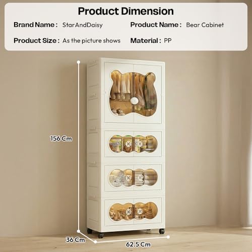 Image of StarAndDaisy Kids Bear Wardrobe /Multifunctional Collapsible Plastic Wardrobe /Almirah for Baby /Kids- Storage Cabinet - Dustproof Organizer for Baby Clothes, Toys & Books with Wheels & Hangers- Beige