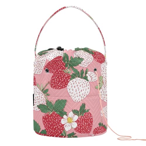 Image of Tatenale Crochet Bag Yarn Bag Knitting Project Bag with Pockets and Handle Portable Yarn Storage Organizer Tangle Free 8.3x11 InchPink White Strawberries Flowers25