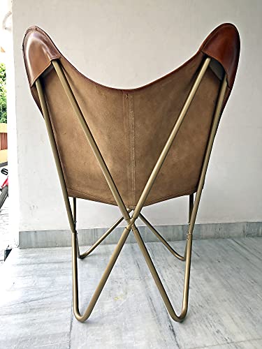Leather Jackson Leather Living Room Chairs-Butterfly Chair Brown Leather Butterfly Chair-Handmade With Powder Coated Folding Iron Frame (Cover With Folding Frame) (Golden Frame) #TOP5