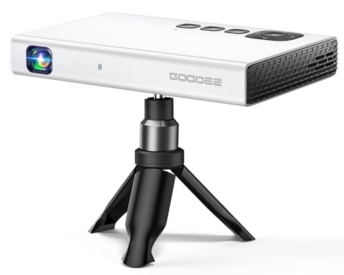 Mini Projector 4K, GooDee 1080P Support Pocket DLP Projector with WiFi and Bluetooth, Pico Portable Outdoor Movie Projector with Tripod&Bag, Video Rechargeable Battery Short Throw for iPhone/Android