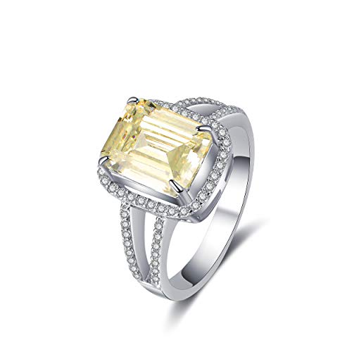 BAYAM Emeral Cut Cubic Zirconia Ring CZ Cocktail Gemstone Ring 14K White Gold Plated Engagement Wedding Rings Women (7, Yellow (Citrine))