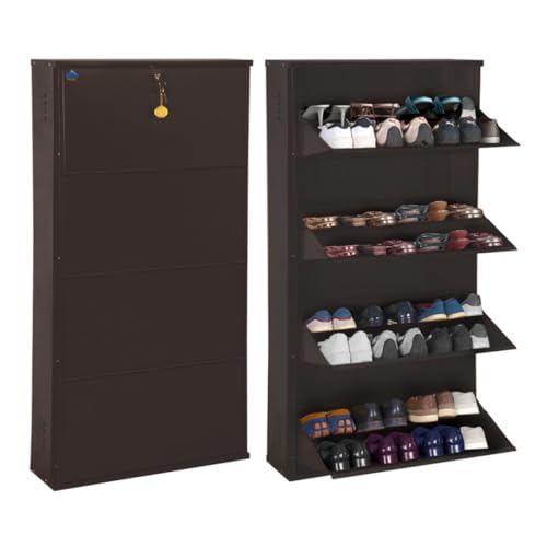Image of DELITE KOM 29 inch Wide, 8 Shelf Metal Shoe Rack Wall Mounted for Home with Central Lock Holds Upto 28 Shoes or 48 Slippers Pair Double Decker, 1Yr Warranty, (54x29x8, Ivory Brick Red), DIY, Space Saver