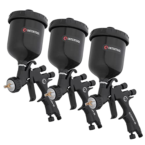 Intertool Hvlp 1.3 Mm, 1.4 Mm, And 1.8 Mm Air Spray Gun Set, Automotive, Pneumatic Gravity Feed Paint Sprayer, 600 Cc Plastic Cup, High Performance Black M-Diamond Series Pt08-0163-64-68 #TOP10