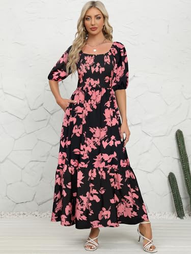 Image of Lyrur Summer Boho Smocked Maxi Dresses for Women Casual Puff Sleeve Square Neck A Line Tiered Ruffle Ankle Length Dress