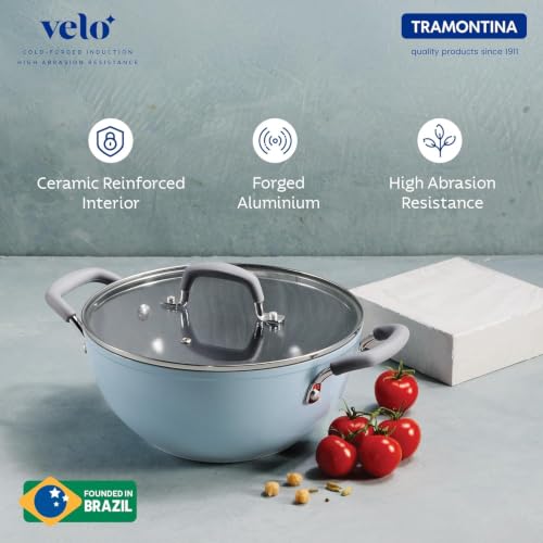 Image of TRAMONTINA Velo 20cm Shallow Kadai with Lid 1.9L | Ceramic-Reinforced Coating | Tempered Glass Lid | for Curry, Stir Fry, Sauteing & Everyday Cooking | Gas & Induction Compatible | Sea Blue