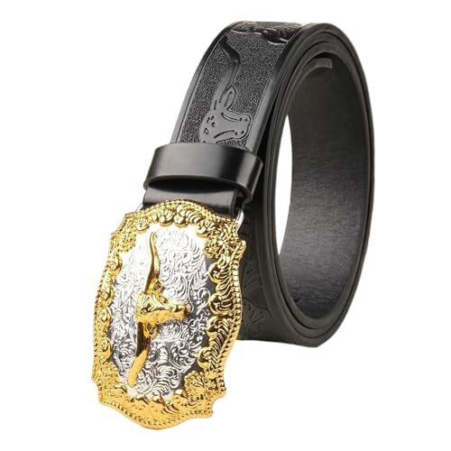 Western Cowboy Belt for Men Women Cowgirl Country Belt Longhorn Bull Buckle Embossed Leather Belt for Jeans Pants
