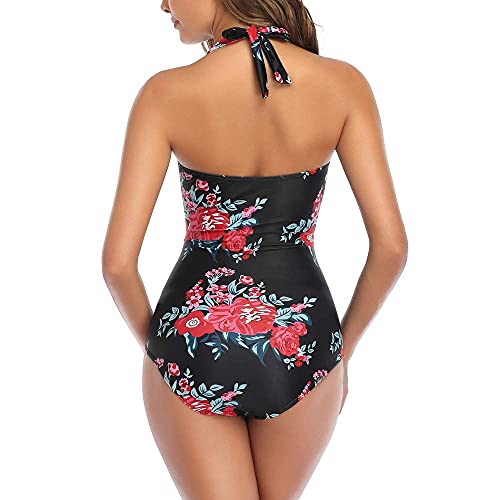 Image of Smismivo Tummy Control Swimwear Halter One Piece Slimming Vintage Retro Swimsuit Womens Ruched Push Up Bathing Suit
