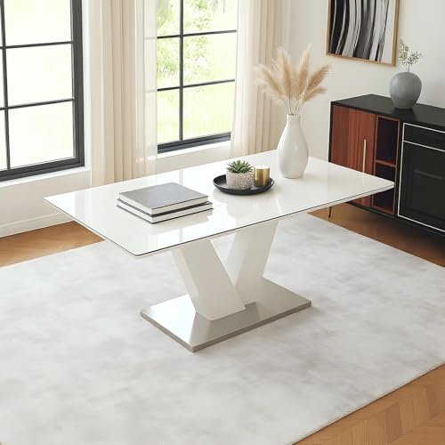 Image of Wakefit Ezio Glass 6 to 8 Seater Extendable Dining Table - White High Gloss Finish