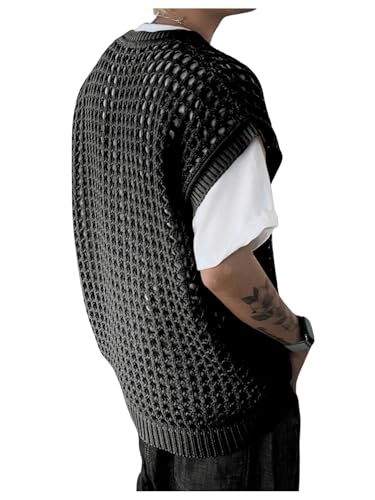Floerns Men's Hollow Out Dolman Sleeve Sweater Vest Crochet Knit Pullover Top