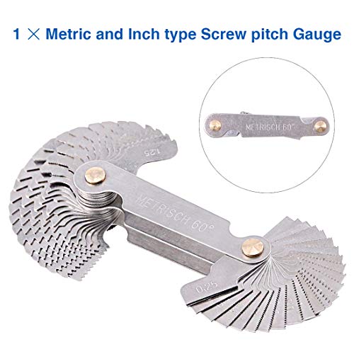 Glarks 5Pcs Stainless Steel Screw Thread Pitch Cutting Gauge Tool Set, 51Pcs America Sae Type + 52Pcs Metric & America Sae Type & British Whitworth + 3Pcs Center Gage, Packed In Plastic Box #TOP4