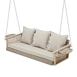 RYNSTO 3-Seat Wicker Hanging Porch Swing Outdoor with Non-Spill Cup Holder, Rattan Patio Swing Bench Ergonomic Design with Cushions & Chains, Heavy Duty 900 LBS Capacity for Deck, Garden, Beige