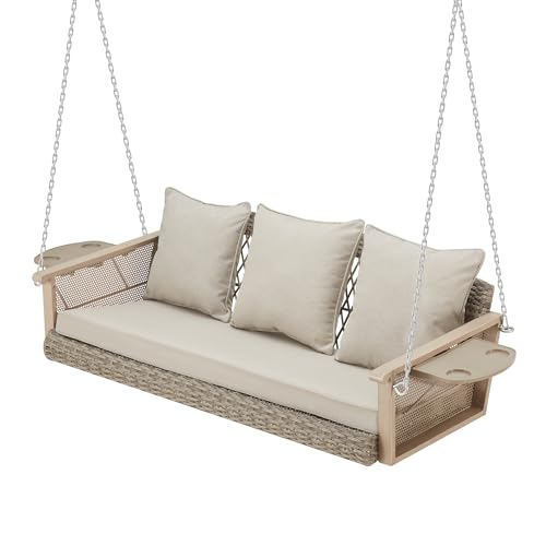 Image of HOMREST 3-Person Wicker Porch Swing with Upgraded Cup Holder, 56 Inch Patio Hanging Swing Bench Chair with Cushions, Outdoor Swing 900lbs Capacity Chains for Deck Garden Backyard (Beige)