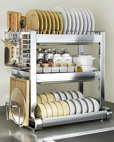 304ステンレス製 水切りラック 2/3段式 食器 水切りかご ディッシュラック 水切りかご キッチン収納ラック 大容量 包丁スタンド まな板ラック 箸立て付き 滑り止め 組み立て簡単 (3層アップグレード43*27*52CM)