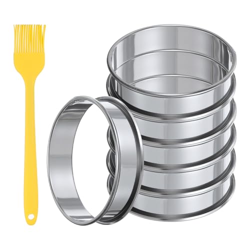 QUARKZMAN 6 Pz Anelli per Frittelle Rotondi da 4 Pollici con Bordo Doppio Stampo per Frittella con Pennello Acciaio Inossidabile Antiaderente per Cottura Torte Dolci E Pasticceria, Argento