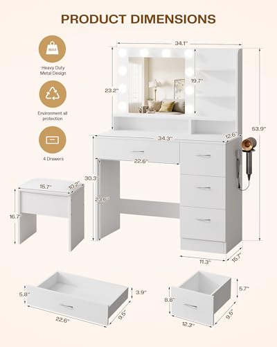 Image of LIVELYGLOW White Makeup Vanity Desk with Charging Station & 4 Drawers | 10 LED Bulbs, HD Mirror, Cushioned Stool, Hairdryer Rack
