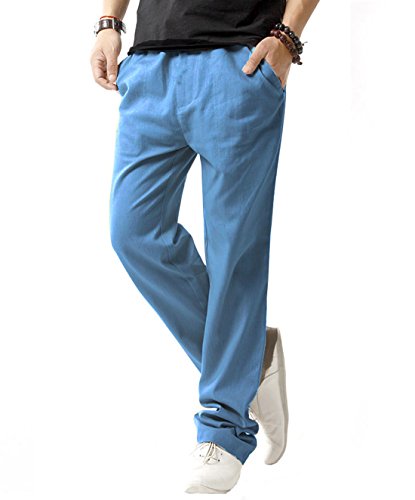 SIR7 Men's Linen Casual Lightweight Drawstrintg Elastic Waist Summer Beach Pants Denim Blue 2L