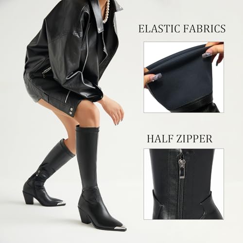 Women Knee High Boots Leather PU Stretch Block Chunky Heel Pointed Toe Cowboy Dressy Tall Boots2