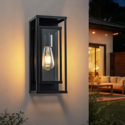 FTL Applique Lanterne Murale Exterieur, Rectangle Jardin Luminaire Extérieur Mural, Structure Métallique Noir Lampe Exterieur Murale avec Verre, IP44...