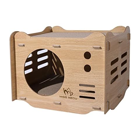 Miss Meow Cat Scratching Bed for Indoor Cats, Large Cat House with Scratch Pad, Foldable Cat Cave Bed Two Levels, 17"x13"x13" (Front Open) Cover
