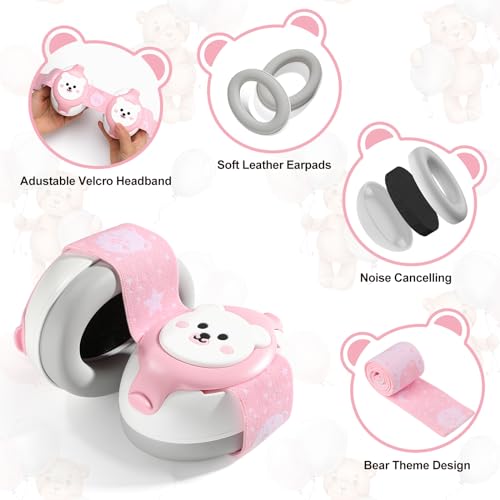 Baby Headphones Noise Cancelling,Bear Baby Earmuffs for Infant Hearing Protection Ages 0-36 Month,25dB NRR Infant Ear Protection,Ideal Travel Essentials for Airplane/Sleep/Plane/Noisy Event-Pink
