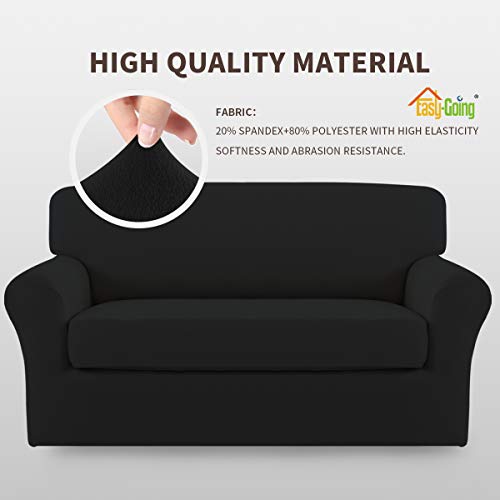 Image of Easy-Going 2 Pieces Stretch Loveseat Couch Sofa Slipcover Washable | Spandex Soft Fitted Sofa Couch Cover for Sofa Furniture Protector with Bottom Kids,Pet Dog Black