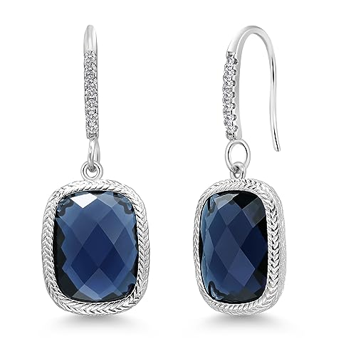 Gem Stone King Blue Simulated Sapphire Drop Dangle French Wire Earrings For Women | 925 Sterling Silver | 13X9MM Cushion Checkerboard Cut | 4.60 Cttw