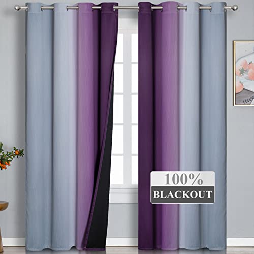 Ombre Purple and Gray Curtains 96 Inches Long, Total Blackout Curtains for Bedroom, Grommet Thermal Insulated Gradient Blackout Drapes, Full Light Blocking Curtains for Kids Room, 52x96 Inch, 2 Panels