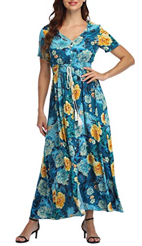 Image of VintageClothing Women's Floral Maxi Dresses Boho Button Up Split Summer Casual Long Dress Beach Party Dress