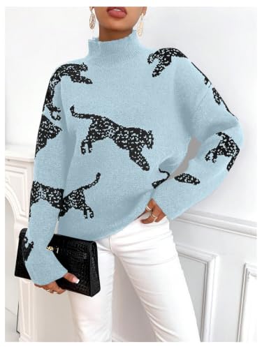 Image of WDIRARA Women's Leopard Tiger Print Sweater High Neck Long Sleeve Fuzzy Knitted Pullover Top