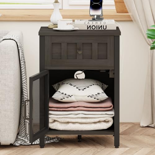 FATORRI End Table with Charging Station, Farmhouse Side Table with Drawer, Rustic Wood and Metal Nightstand and Bedside Tables for Living Room (Walnut Brown)
