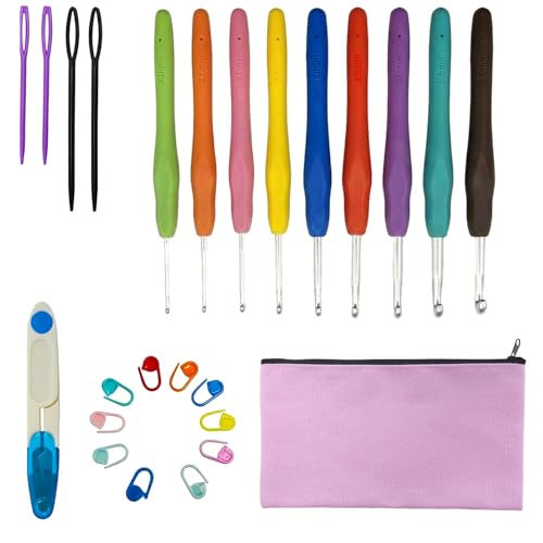かぎ針編みキット かぎ針 9 本フルセット 初心者 DIY 工具 編み物手芸 基本入門キット 小物付き 糸カッター ポーチ 毛糸編み セーター マフラー マーキングバックル 24 点セット ネイビー（カラフル）（Amazon）
