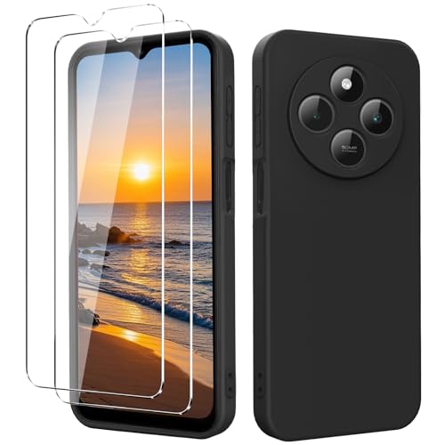 YXKJ - Hülle für Redmi 14C / Poco C75 / Redmi A4 mit 2 Stück Panzerfolie Ultra Dünn Flüssigsilikon mit Microfiber Schutzhülle [Seidige Berührung] [Stoßfest] [Kratzfest] - Schwarz